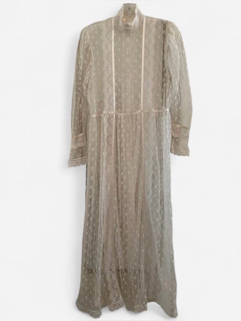 Vintage Gunne Sax Ivory Lace Maxi Dress High Neck Puff Long Sleeve Wedding Sz S